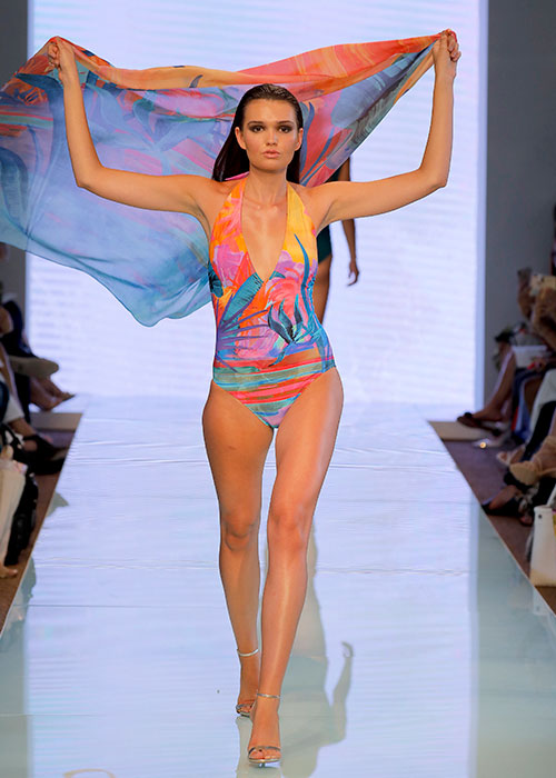 Bright colourful Gottex swimsuit with matching swimsuit, featured in Miami swimwear runway